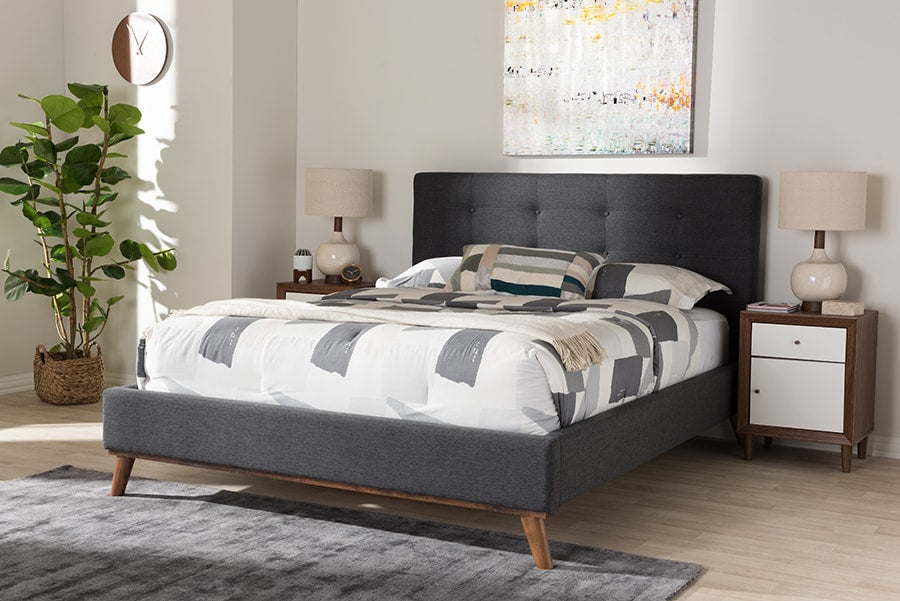 Baxton Studio Valencia Mid-Century Modern Dark Grey Fabric Queen Size Platform Bed | Modishstore | Beds