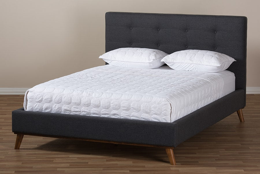 baxton studio valencia mid century modern dark grey fabric queen size platform bed | Modish Furniture Store-9