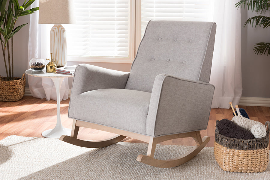 Baxton Studio Marlena Mid-Century Modern Greyish Beige Fabric Upholstered Whitewash Wood Rocking Chair | Rocking Chairs | Modishstore - 2