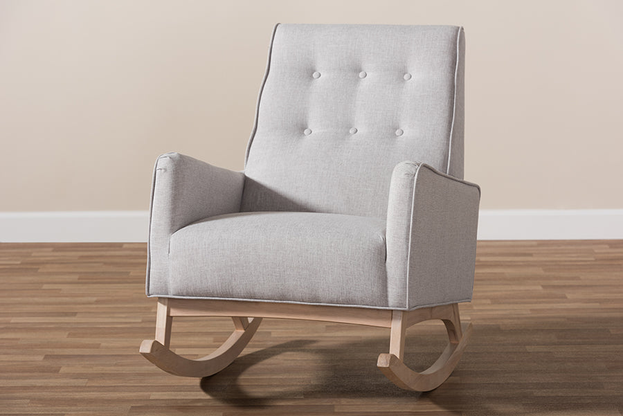 Baxton Studio Marlena Mid-Century Modern Greyish Beige Fabric Upholstered Whitewash Wood Rocking Chair | Rocking Chairs | Modishstore - 3