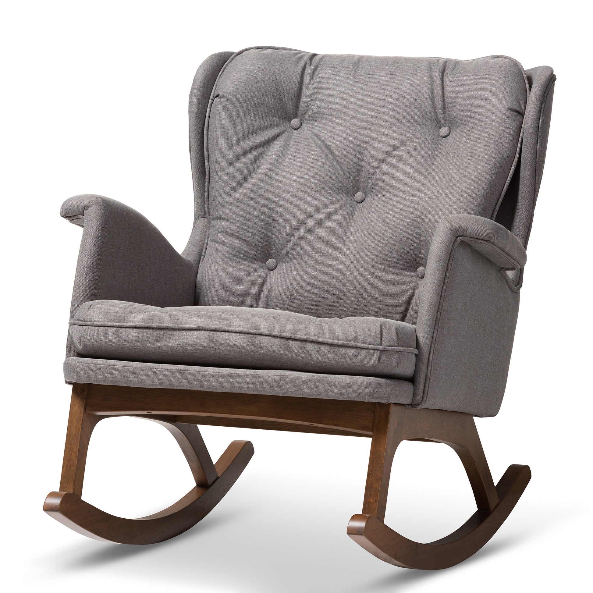 Baxton Studio Maggie Mid-Century Modern Grey Fabric Upholstered Walnut-Finished Rocking Chair | Rocking Chairs | Modishstore