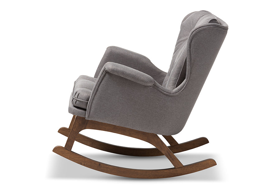 Baxton Studio Maggie Mid-Century Modern Grey Fabric Upholstered Walnut-Finished Rocking Chair | Rocking Chairs | Modishstore - 7
