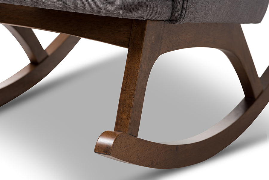 Baxton Studio Maggie Mid-Century Modern Grey Fabric Upholstered Walnut-Finished Rocking Chair | Rocking Chairs | Modishstore - 4