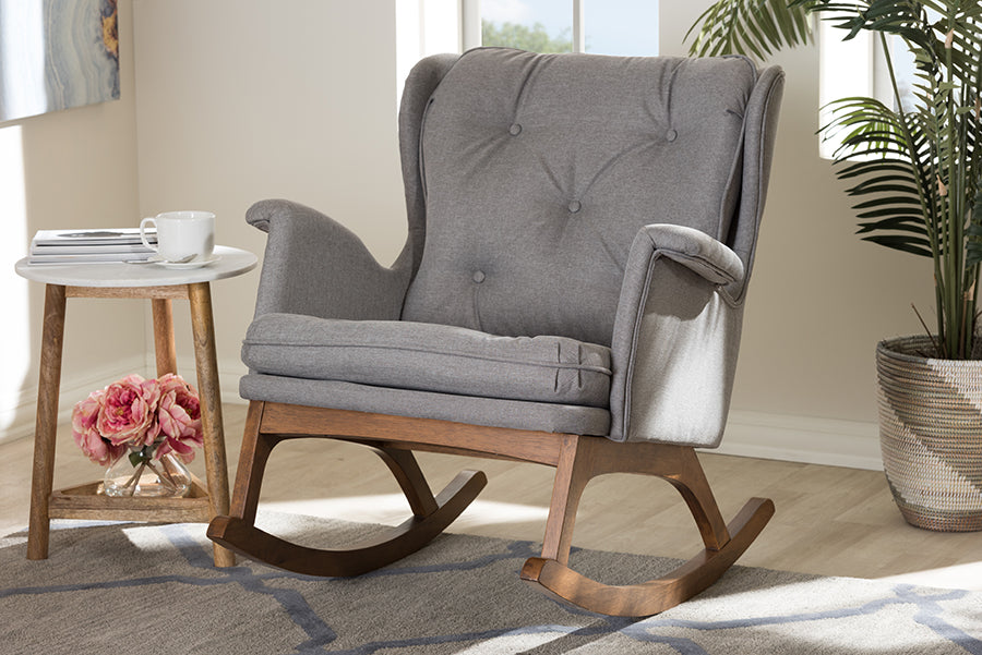 Baxton Studio Maggie Mid-Century Modern Grey Fabric Upholstered Walnut-Finished Rocking Chair | Rocking Chairs | Modishstore - 2
