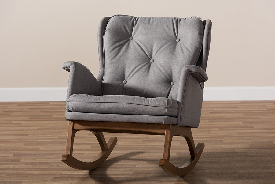 Baxton Studio Maggie Mid-Century Modern Grey Fabric Upholstered Walnut-Finished Rocking Chair | Rocking Chairs | Modishstore - 3