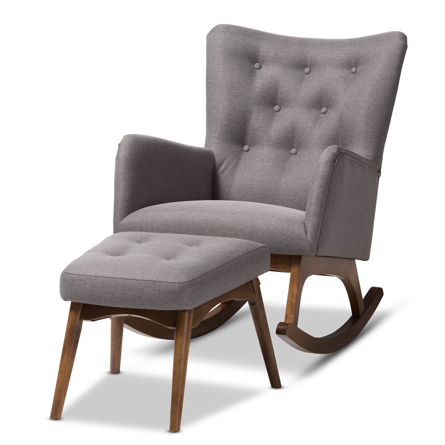 Baxton Studio Waldmann Mid-Century Modern Grey Fabric Upholstered Rocking Chair and Ottoman Set | Rocking Chairs | Modishstore