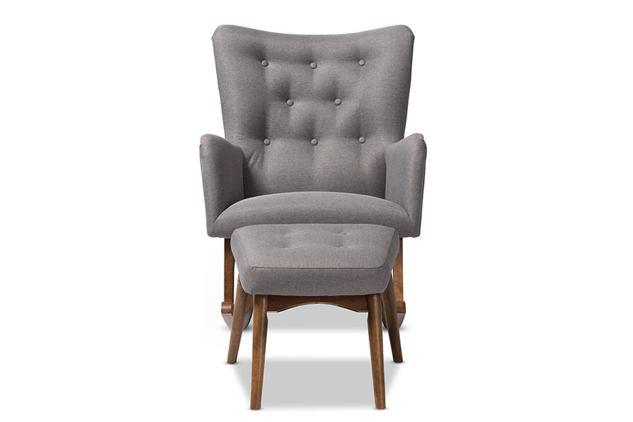 Baxton Studio Waldmann Mid-Century Modern Grey Fabric Upholstered Rocking Chair and Ottoman Set | Rocking Chairs | Modishstore - 5