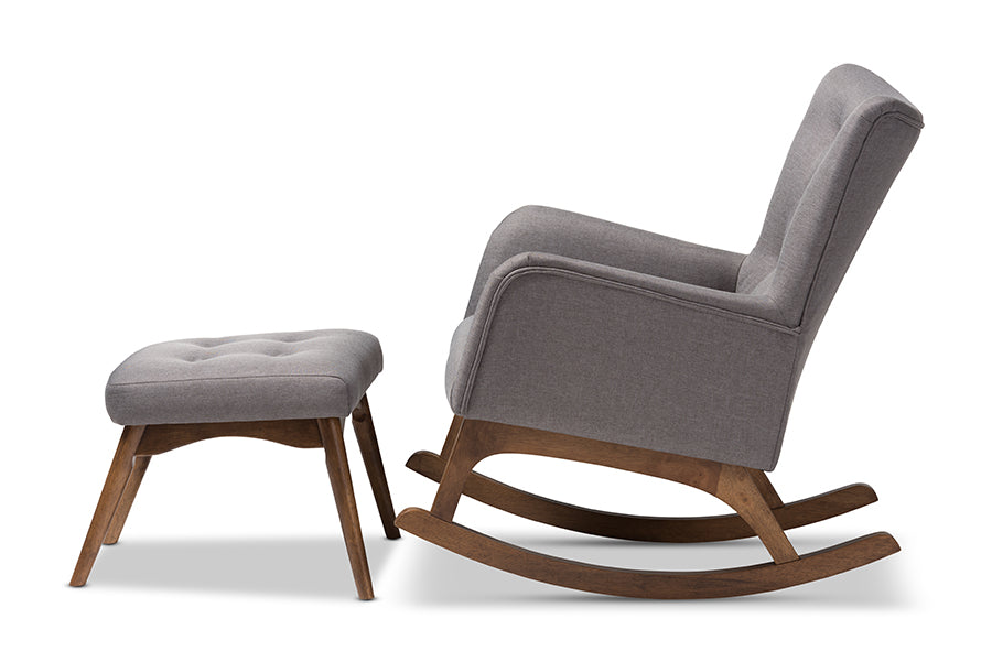 Baxton Studio Waldmann Mid-Century Modern Grey Fabric Upholstered Rocking Chair and Ottoman Set | Rocking Chairs | Modishstore - 4