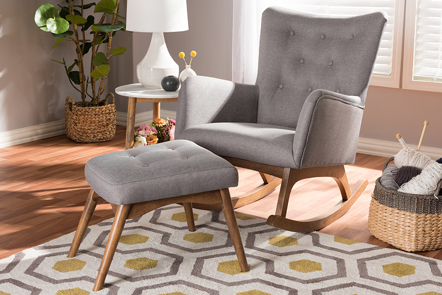 Baxton Studio Waldmann Mid-Century Modern Grey Fabric Upholstered Rocking Chair and Ottoman Set | Rocking Chairs | Modishstore - 2
