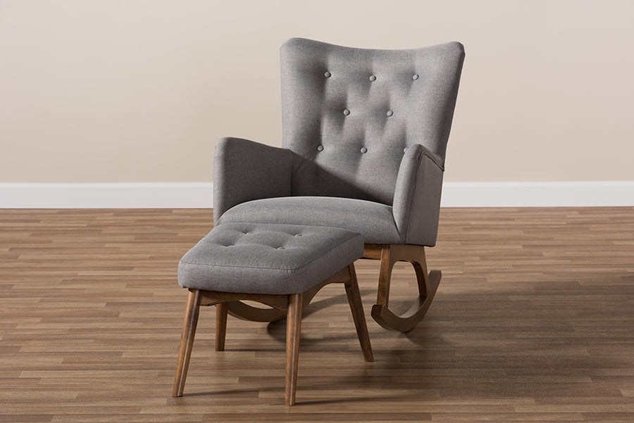 Baxton Studio Waldmann Mid-Century Modern Grey Fabric Upholstered Rocking Chair and Ottoman Set | Rocking Chairs | Modishstore - 3