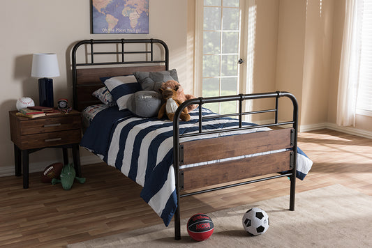 Baxton Studio Monoco Rustic Industrial Black Finished Metal Coco Brown Wood Twin Size Platform Bed | Modishstore | Beds