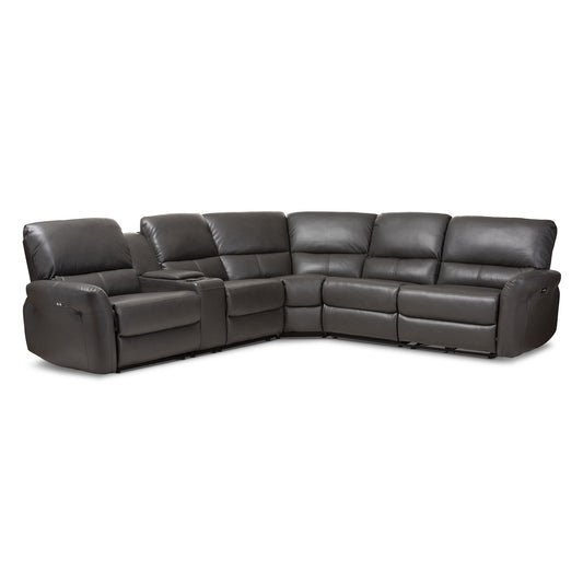 Baxton Studio Amaris Modern and Contemporary Grey Bonded Leather 5-Piece Power Reclining Sectional Sofa with USB Ports | Sofas | Modishstore