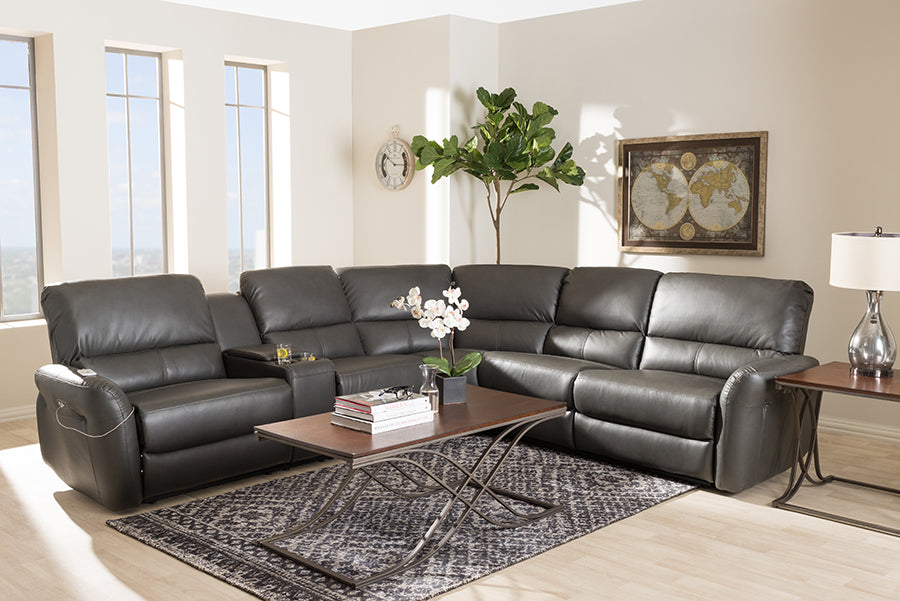 Baxton Studio Amaris Modern and Contemporary Grey Bonded Leather 5-Piece Power Reclining Sectional Sofa with USB Ports | Sofas | Modishstore - 2