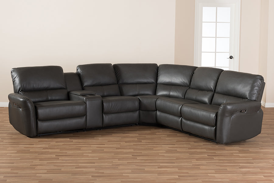Baxton Studio Amaris Modern and Contemporary Grey Bonded Leather 5-Piece Power Reclining Sectional Sofa with USB Ports | Sofas | Modishstore - 3
