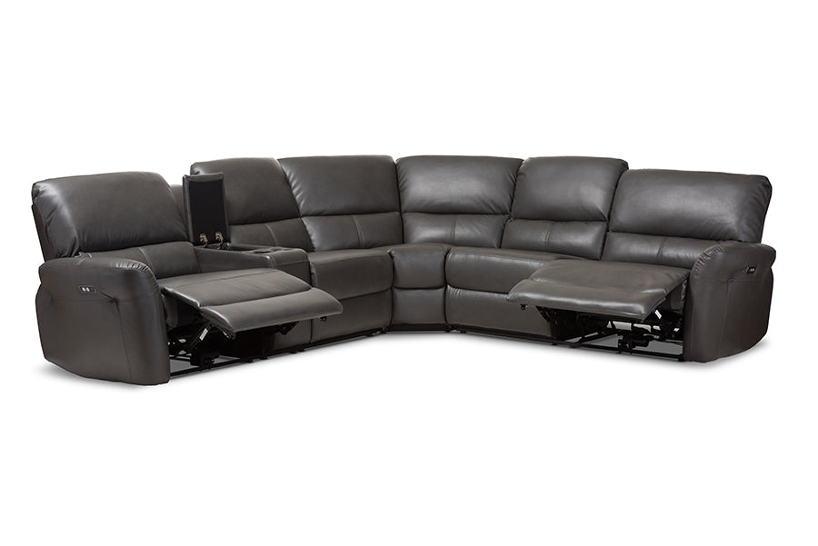 Baxton Studio Amaris Modern and Contemporary Grey Bonded Leather 5-Piece Power Reclining Sectional Sofa with USB Ports | Sofas | Modishstore - 6