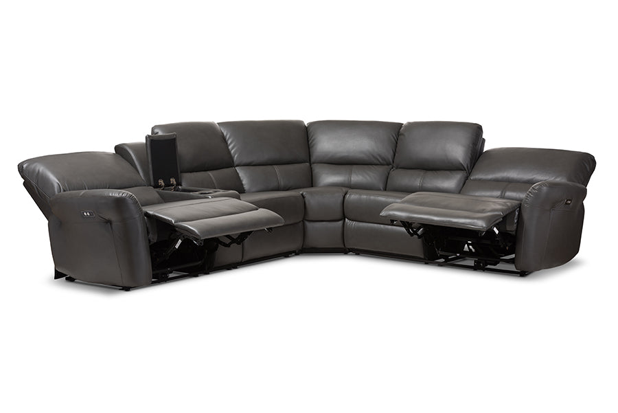 Baxton Studio Amaris Modern and Contemporary Grey Bonded Leather 5-Piece Power Reclining Sectional Sofa with USB Ports | Sofas | Modishstore - 8