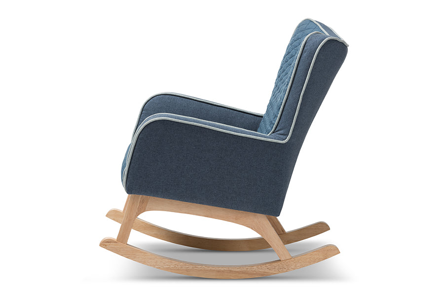 Baxton Studio Zoelle Mid-Century Modern Blue Fabric Upholstered Natural Finished Rocking Chair | Rocking Chairs | Modishstore - 7