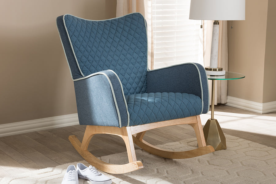 Baxton Studio Zoelle Mid-Century Modern Blue Fabric Upholstered Natural Finished Rocking Chair | Rocking Chairs | Modishstore - 2