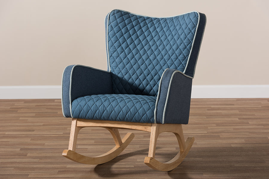Baxton Studio Zoelle Mid-Century Modern Blue Fabric Upholstered Natural Finished Rocking Chair | Rocking Chairs | Modishstore - 3