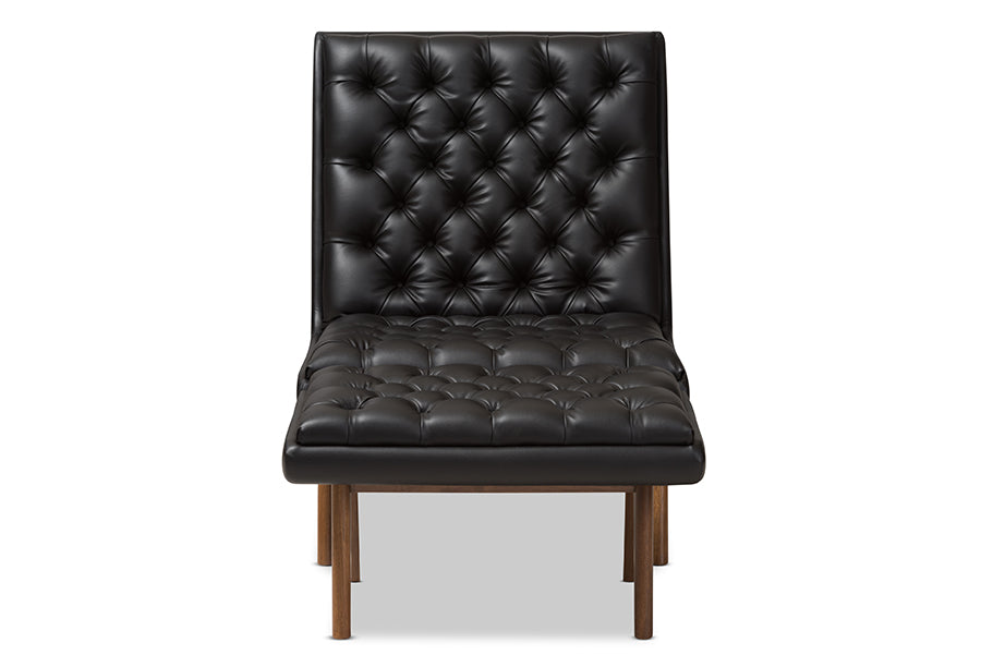 Baxton Studio Annetha Mid-Century Modern Black Faux Leather Upholstered Walnut Finished Wood Chair And Ottoman Set | Sofas | Modishstore - 5