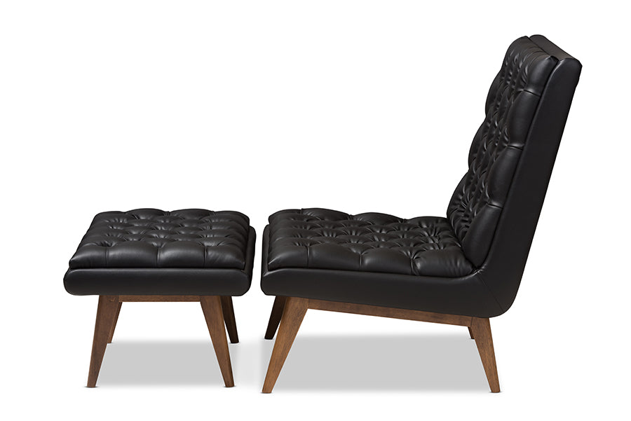 Baxton Studio Annetha Mid-Century Modern Black Faux Leather Upholstered Walnut Finished Wood Chair And Ottoman Set | Sofas | Modishstore - 4