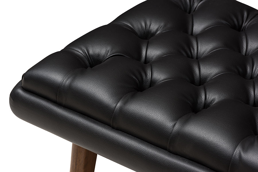 Baxton Studio Annetha Mid-Century Modern Black Faux Leather Upholstered Walnut Finished Wood Ottoman | Ottomans | Modishstore - 4