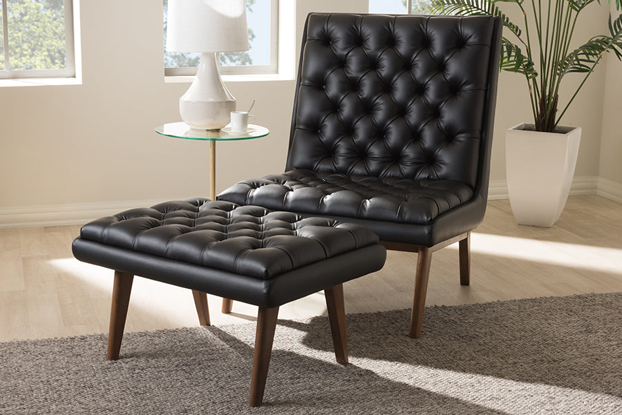 Baxton Studio Annetha Mid-Century Modern Black Faux Leather Upholstered Walnut Finished Wood Chair And Ottoman Set | Sofas | Modishstore - 2