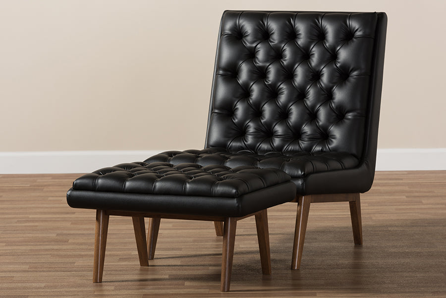 Baxton Studio Annetha Mid-Century Modern Black Faux Leather Upholstered Walnut Finished Wood Chair And Ottoman Set | Sofas | Modishstore - 3