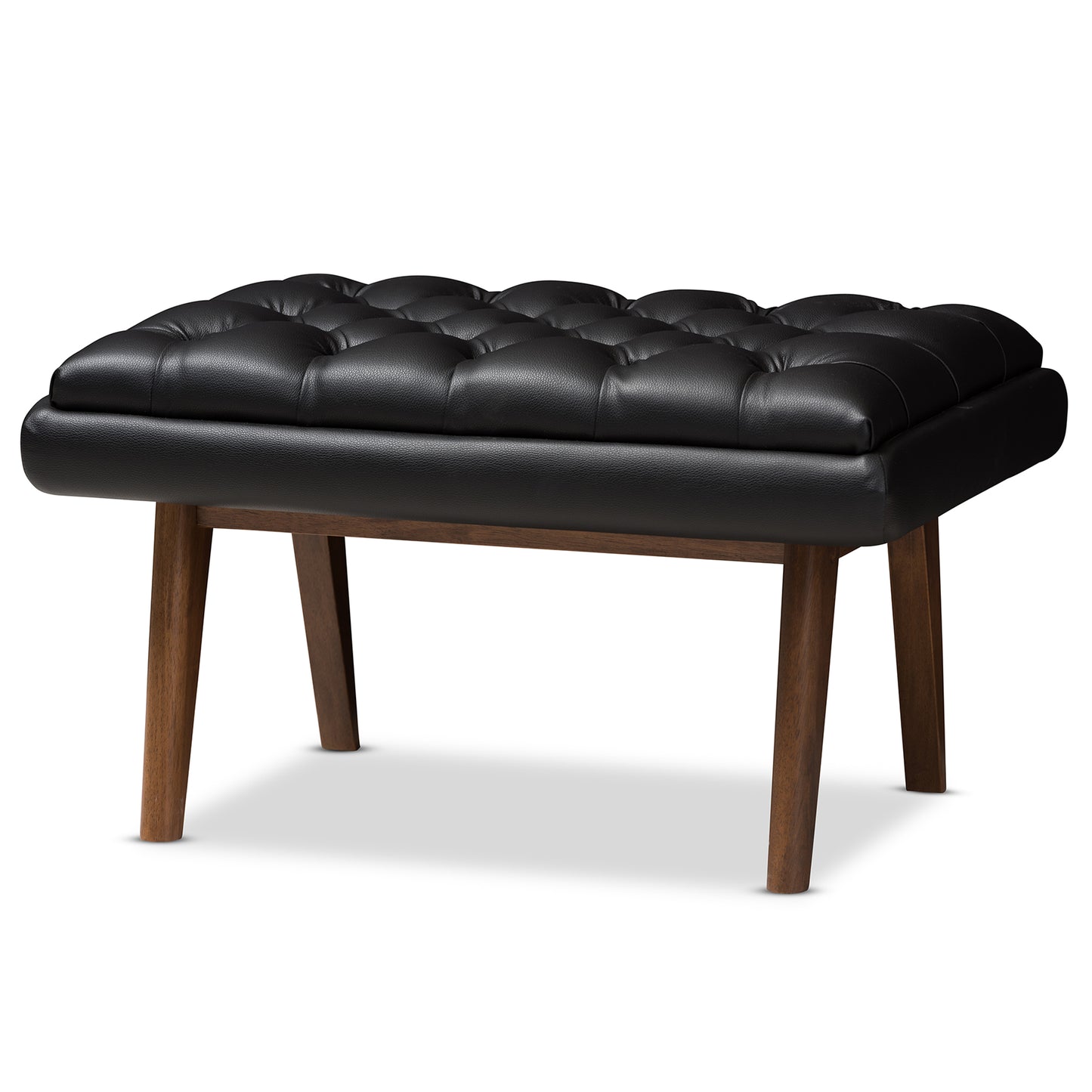 Baxton Studio Annetha Mid-Century Modern Black Faux Leather Upholstered Walnut Finished Wood Ottoman | Ottomans | Modishstore