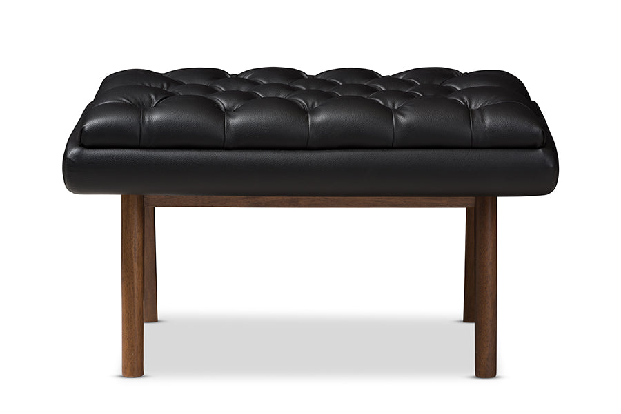 Baxton Studio Annetha Mid-Century Modern Black Faux Leather Upholstered Walnut Finished Wood Ottoman | Ottomans | Modishstore - 7