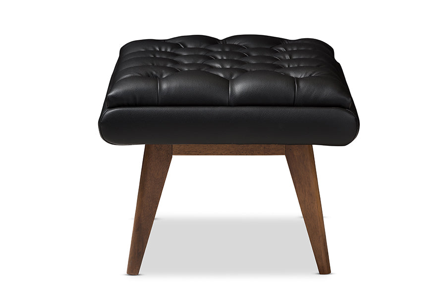 Baxton Studio Annetha Mid-Century Modern Black Faux Leather Upholstered Walnut Finished Wood Ottoman | Ottomans | Modishstore - 6