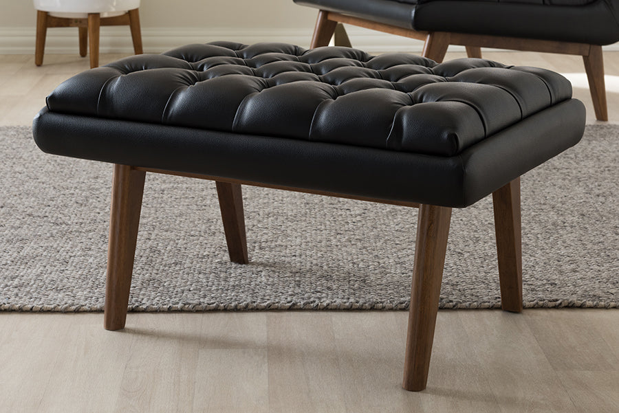 Baxton Studio Annetha Mid-Century Modern Black Faux Leather Upholstered Walnut Finished Wood Ottoman | Ottomans | Modishstore - 2