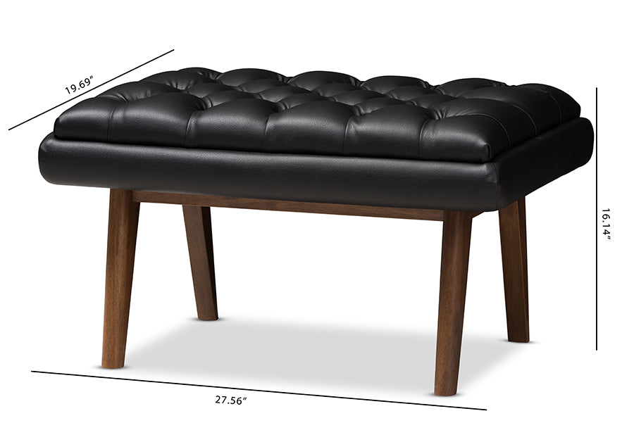 Baxton Studio Annetha Mid-Century Modern Black Faux Leather Upholstered Walnut Finished Wood Ottoman | Ottomans | Modishstore - 8