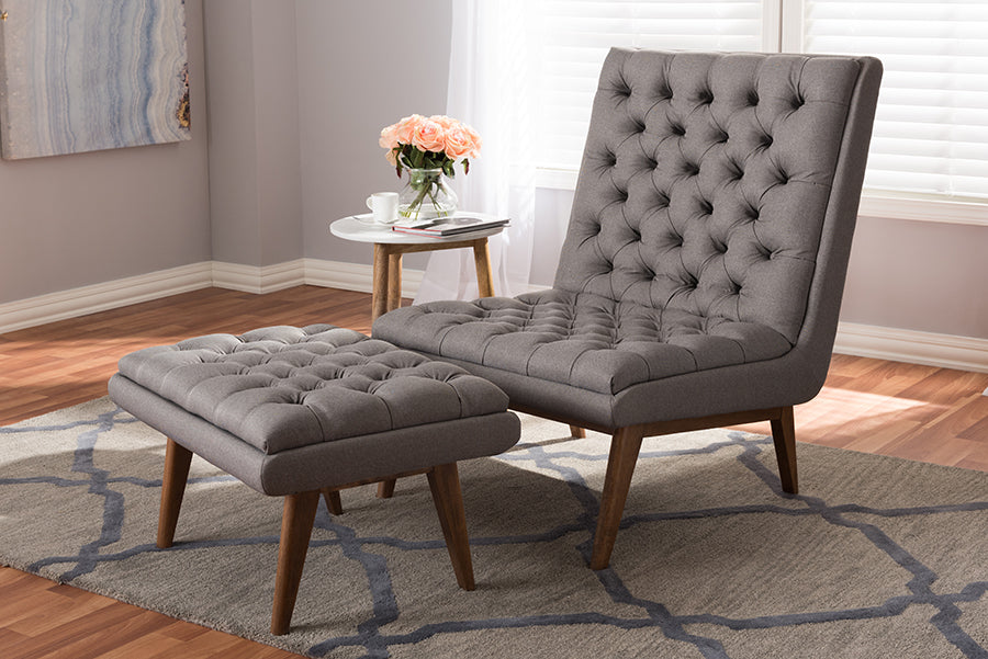 Baxton Studio Annetha Mid-Century Modern Grey Fabric Upholstered Walnut Finished Wood Chair And Ottoman Set | Modishstore | Lounge Chairs