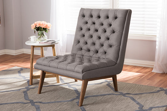 Baxton Studio Annetha Mid-Century Modern Grey Fabric Upholstered Walnut Finished Wood Lounge Chair | Modishstore | Lounge Chairs