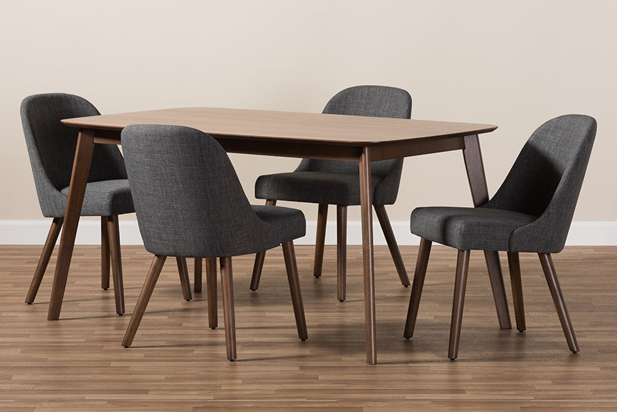 baxton studio cody mid century modern dark grey fabric upholstered walnut finished wood 5 piece dining set | Modish Furniture Store-4