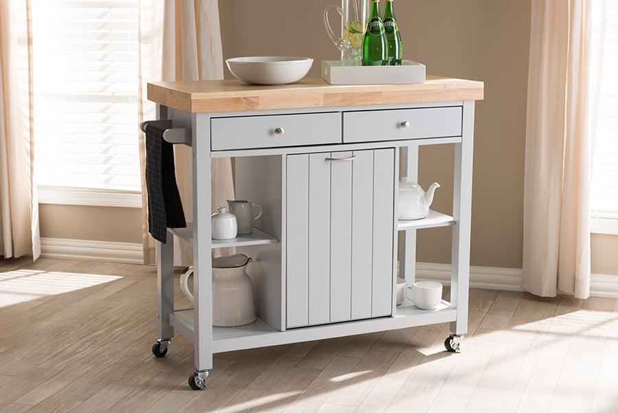 Baxton Studio Hayward Coastal and Farmhouse Light Grey Wood Kitchen Cart | Bar Carts | Modishstore - 2