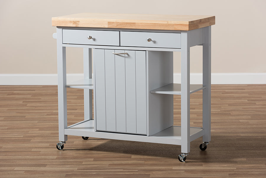 Baxton Studio Hayward Coastal and Farmhouse Light Grey Wood Kitchen Cart | Bar Carts | Modishstore - 3