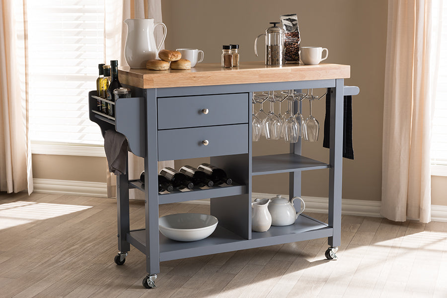 Baxton Studio Sunderland Coastal and Farmhouse Grey Wood Kitchen Cart | Bar Carts | Modishstore - 2