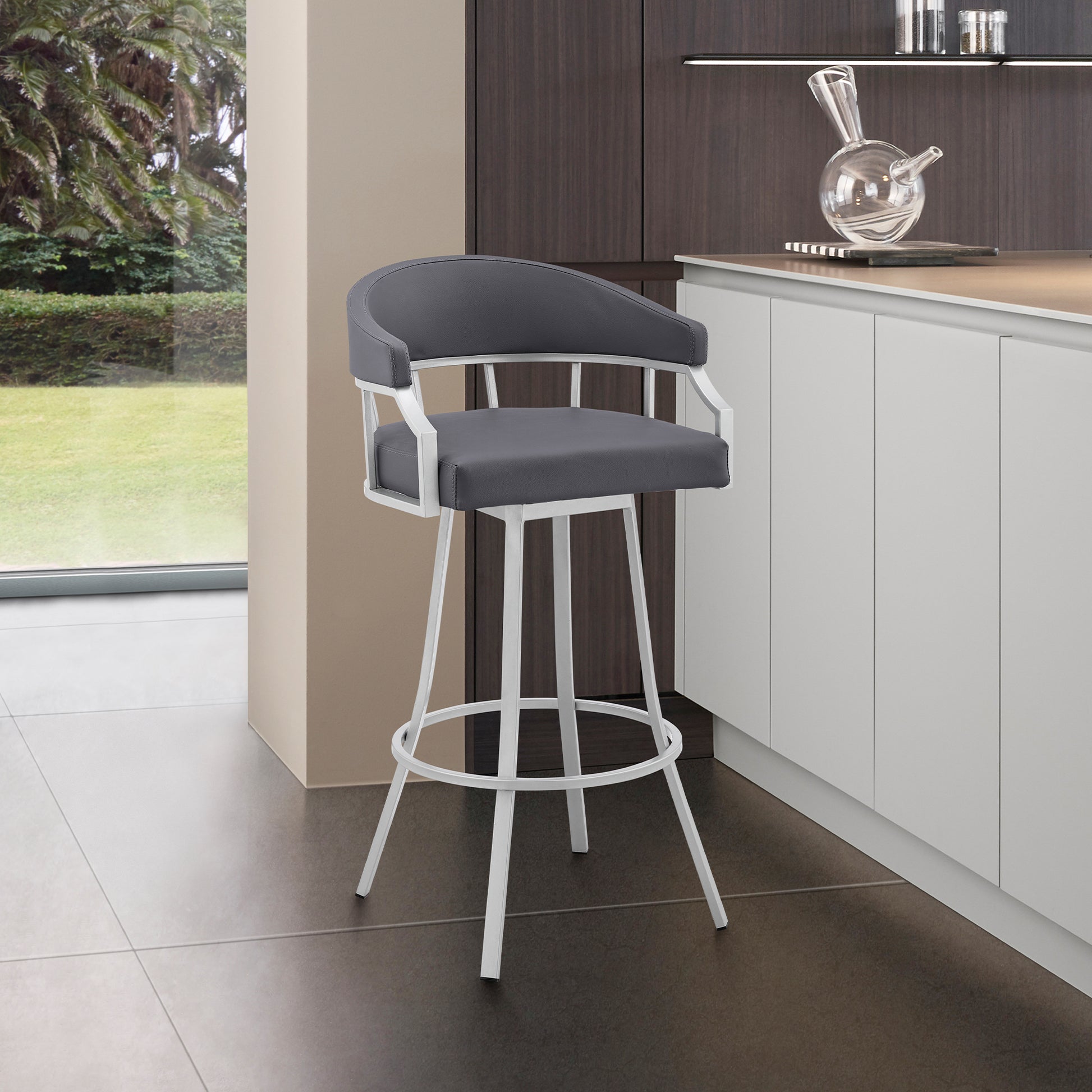 Palmdale 26" Swivel Slate Grey Faux Leather and Silver Metal Bar Stool By Armen Living | Bar Stools | Modishstore