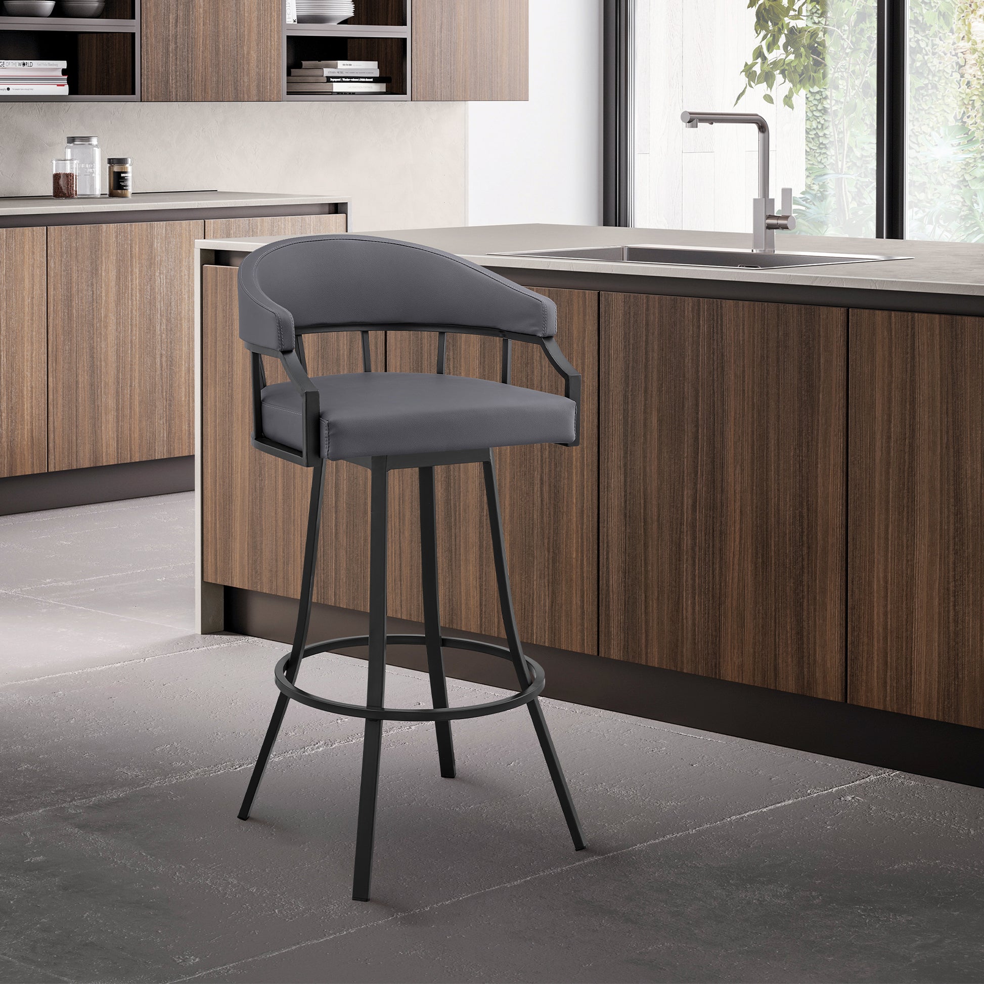 Palmdale 30" Swivel Slate Grey Faux Leather and Black Metal Bar Stool By Armen Living | Bar Stools | Modishstore