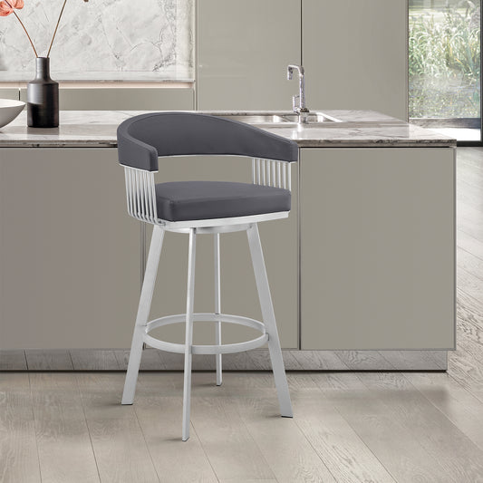 Bronson 25" Slate Grey Faux Leather and Silver Metal Bar Stool By Armen Living | Bar Stools | Modishstore