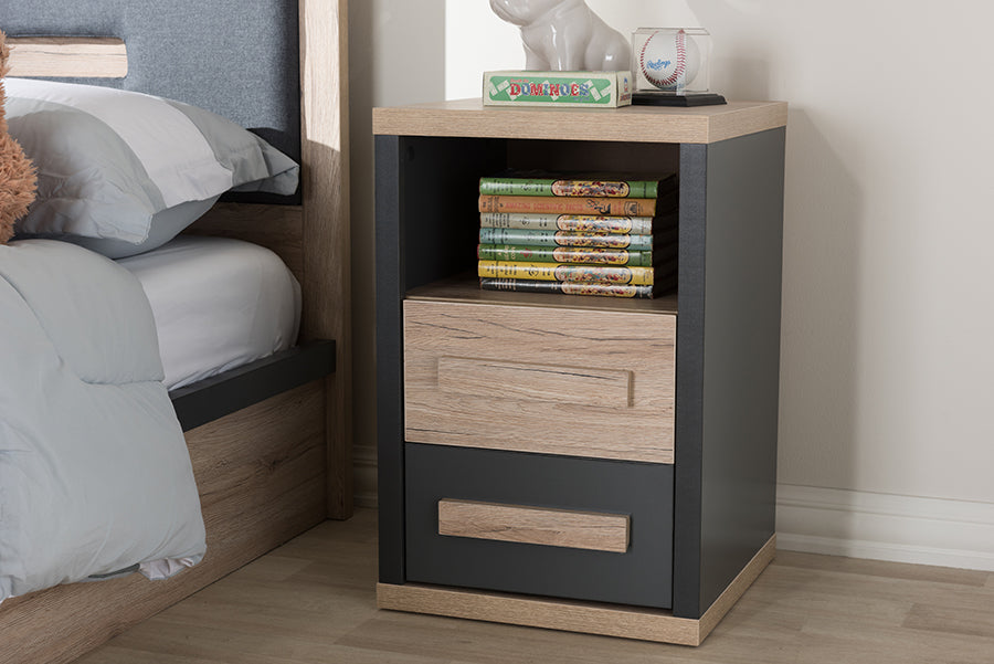 Baxton Studio Pandora Modern and Contemporary Dark Grey and Light Brown Two-Tone 2-Drawer Nightstand | Modishstore | Nightstands