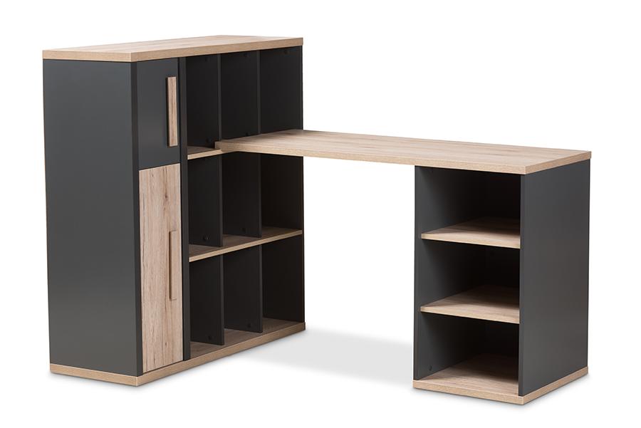baxton studio pandora modern and contemporary dark grey and light brown two tone study desk with built in shelving unit | Modish Furniture Store-2