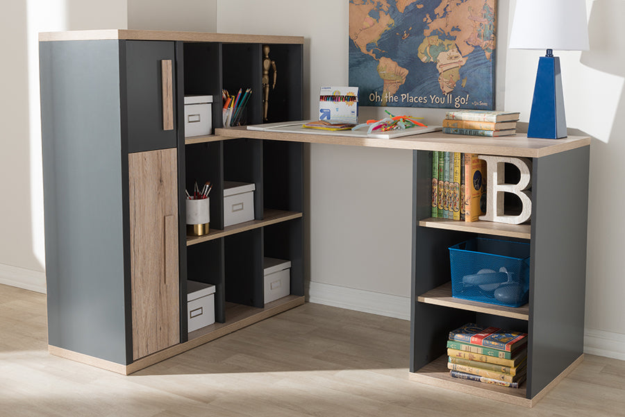 Baxton Studio Pandora Modern and Contemporary Dark Grey and Light Brown Two-Tone Study Desk with Built-in Shelving Unit | Modishstore | Desks