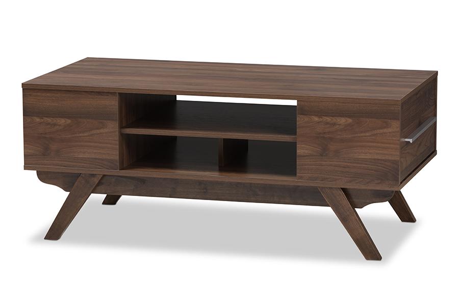 baxton studio ashfield mid century modern walnut brown finished wood 2 drawer coffee table | Modish Furniture Store-3