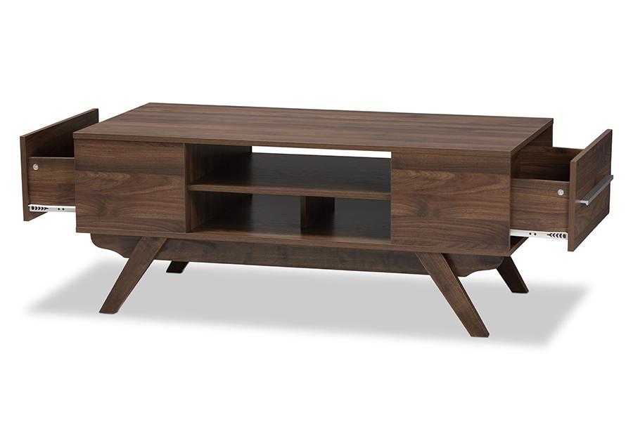 baxton studio ashfield mid century modern walnut brown finished wood 2 drawer coffee table | Modish Furniture Store-2