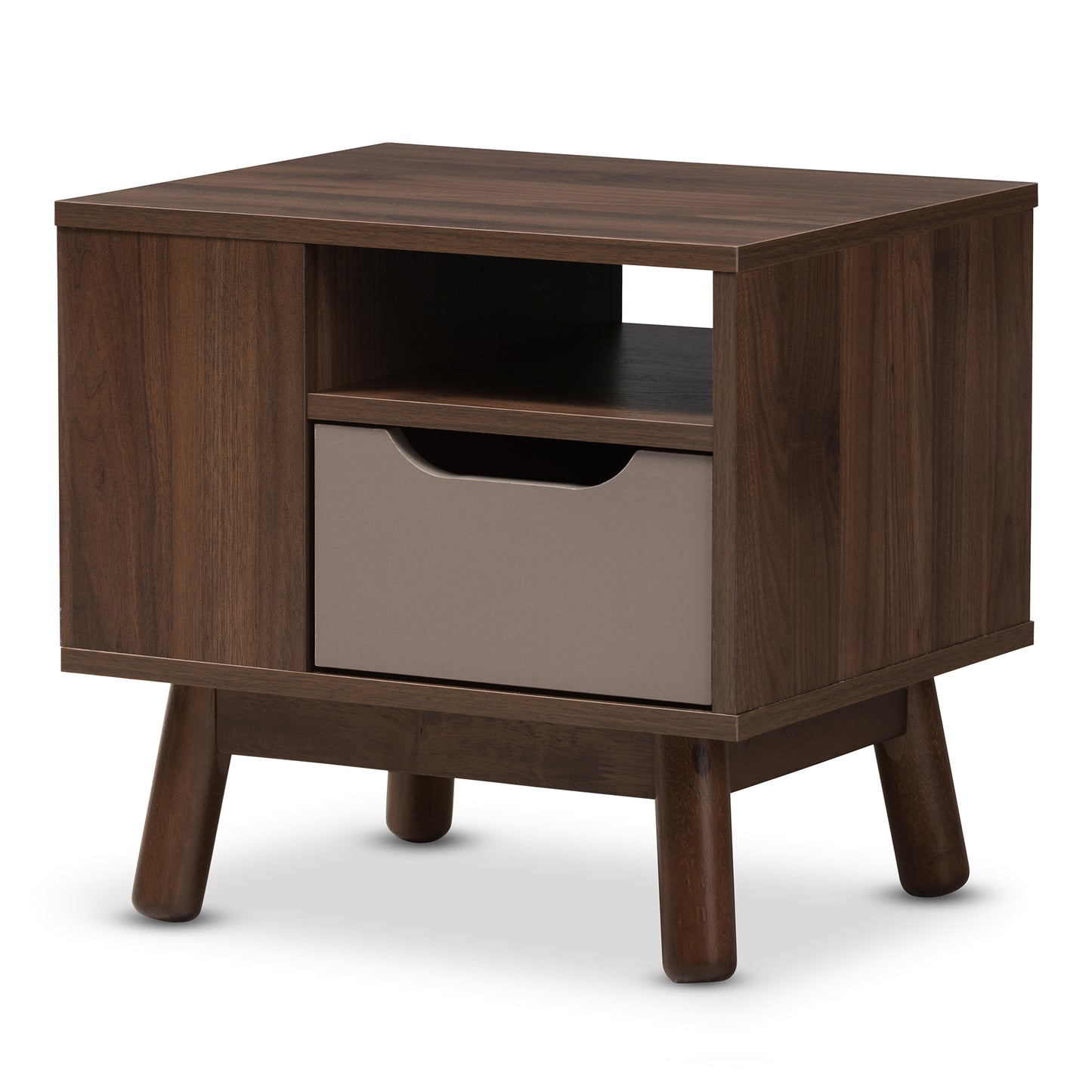 Baxton Studio Britta Mid-Century Modern Walnut Brown and Grey Two-Tone Finished Wood Nightstand | Nightstands | Modishstore