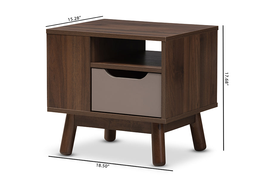 Baxton Studio Britta Mid-Century Modern Walnut Brown and Grey Two-Tone Finished Wood Nightstand | Nightstands | Modishstore - 8