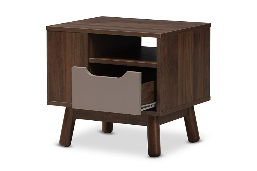 Baxton Studio Britta Mid-Century Modern Walnut Brown and Grey Two-Tone Finished Wood Nightstand | Nightstands | Modishstore - 7